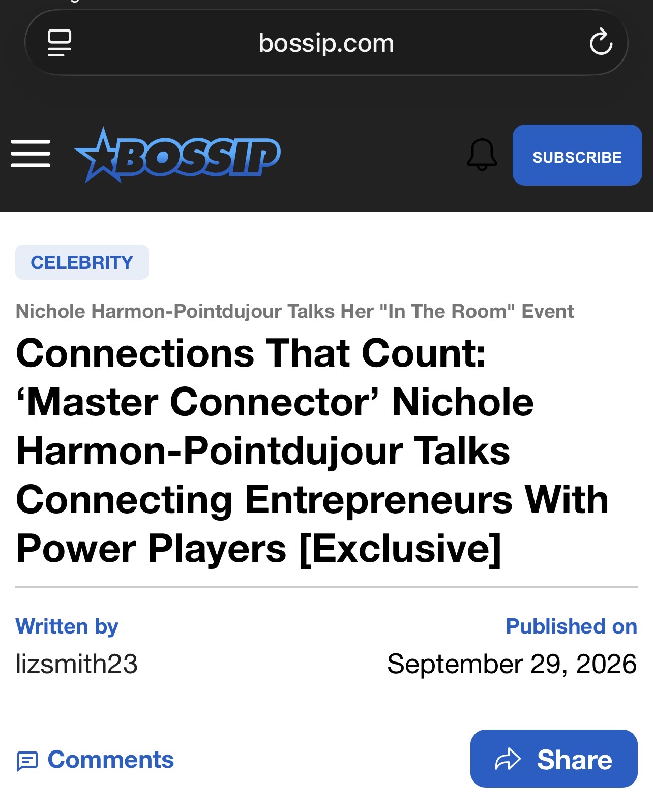 Screenshot of the BOSSIP article headline featuring my client